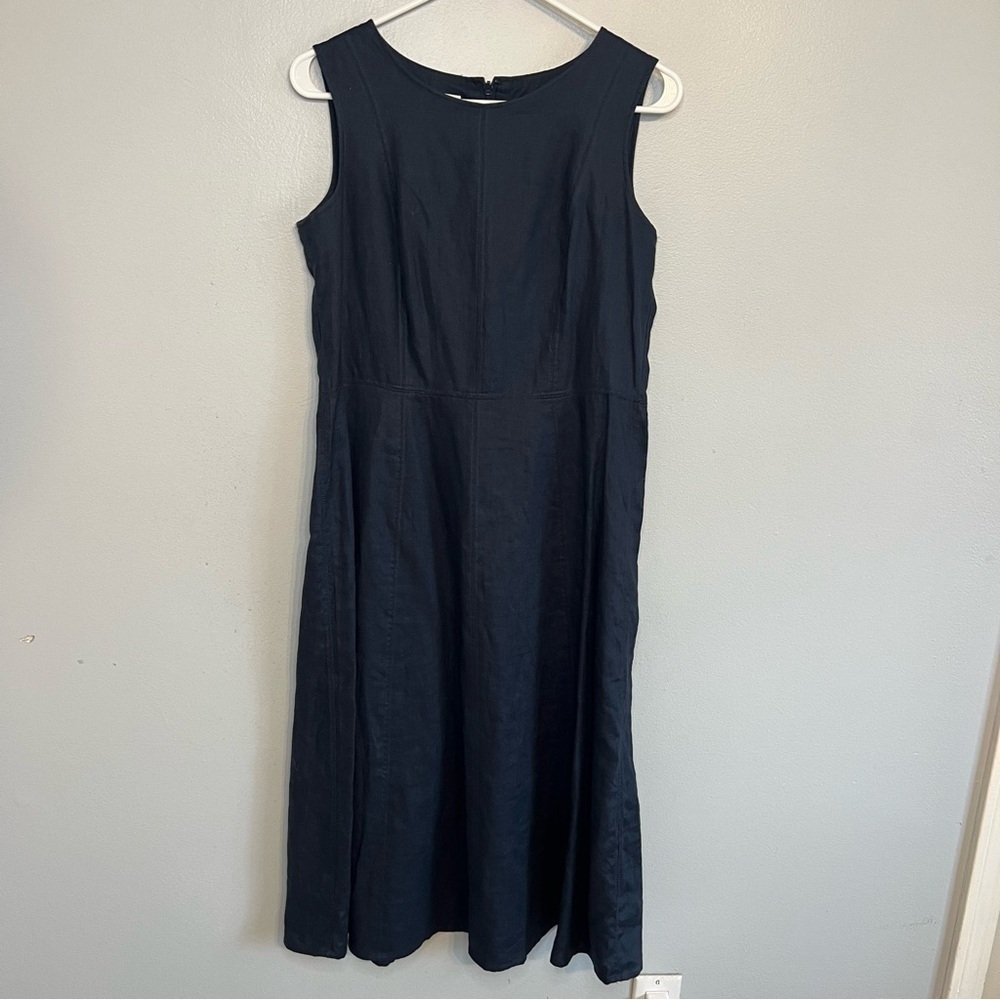 Talbots Sleeveless Linen Midi Dress Navy Blue A-Line Petite Sz 10P Casual Beachy